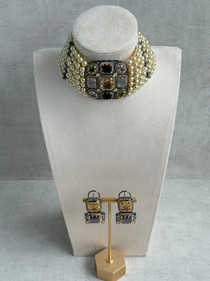 Ayura Designs Amelia Choker Set with Earrings – Moissanite Stonework with Layered Pearls in Antique Silver Finish (Soft Pastel Mix)