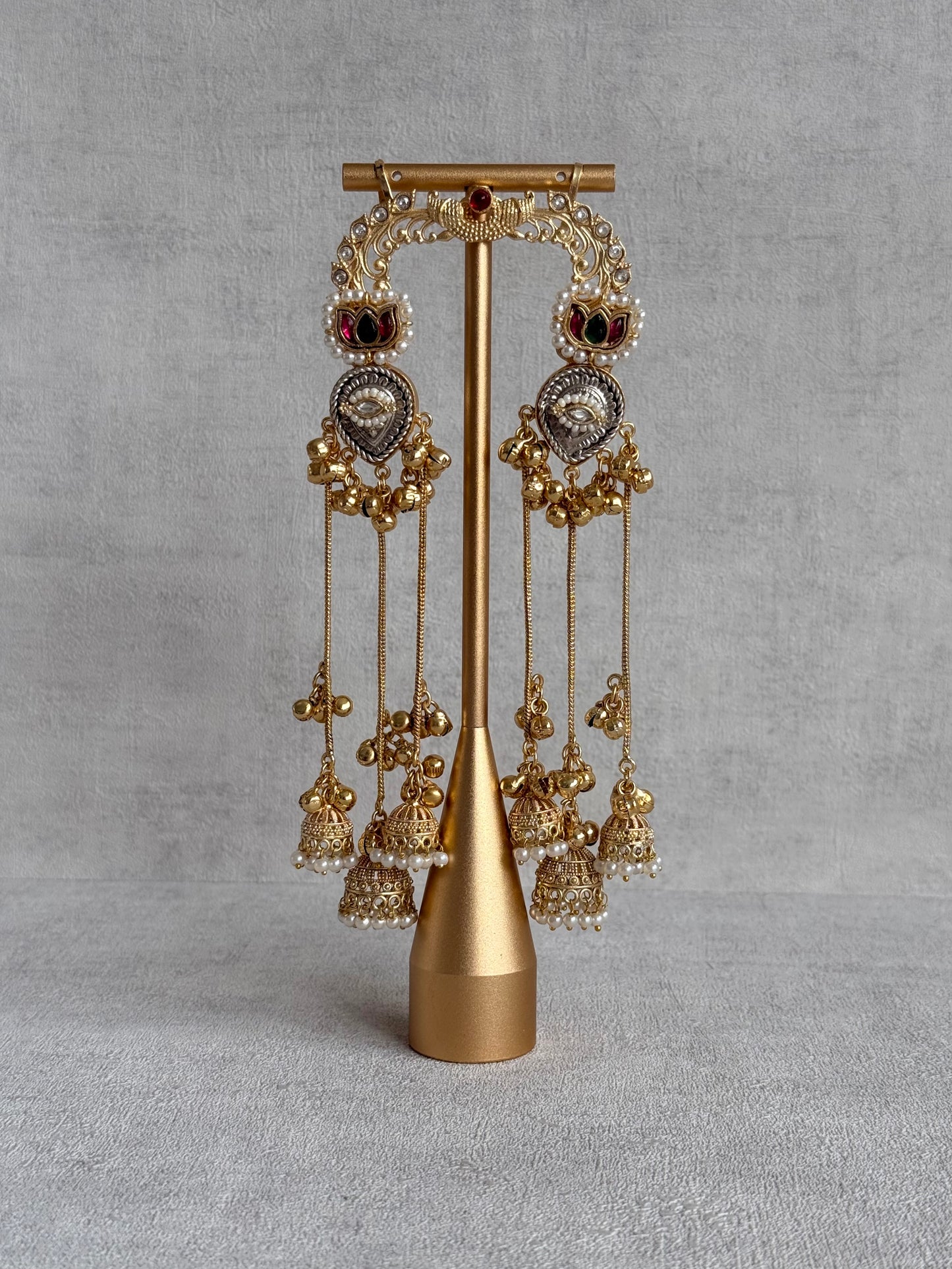 Ayura Designs Kaifiya Earrings – Peacock-Inspired Half Ear Cuff Jhumkis with Ruby Pink & Emerald Stones
