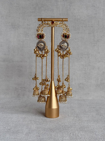 Ayura Designs Kaifiya Earrings – Peacock-Inspired Half Ear Cuff Jhumkis with Ruby Pink & Emerald Stones