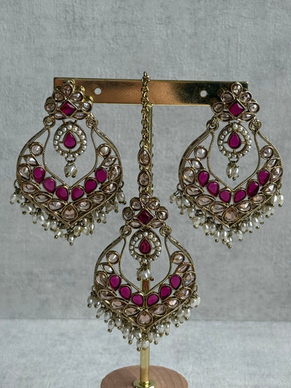 Ayura Designs Damini Tikka Set – Mirror-Cut Kundan Earrings & Tikka with Pink Enamel and Pearl Detailing
