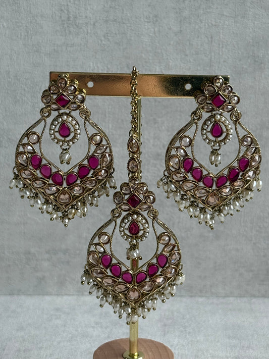 Ayura Designs Damini Tikka Set – Mirror-Cut Kundan Earrings & Tikka with Pink Enamel and Pearl Detailing