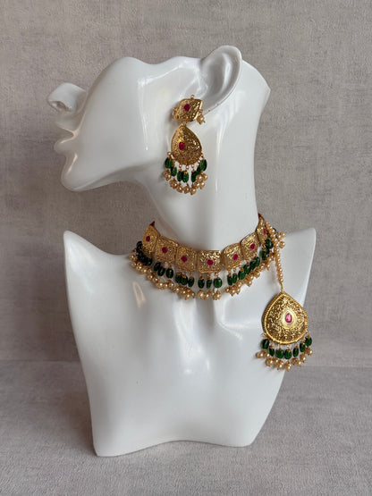 Ayura Designs Chetna Choker Set with Earrings & Tikka – Emerald Green Beads, Cream Pearl Drops with Pipal Patti Detailing