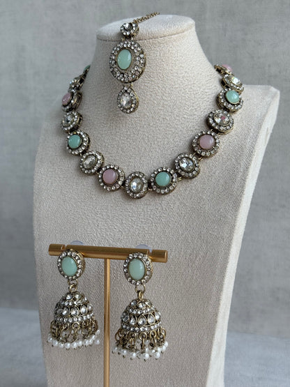 Ayura Designs Eira Necklace Set with Earrings & Tikka – Blush Pink, Mint Green & Crystal Stones with Antique Gold Finish