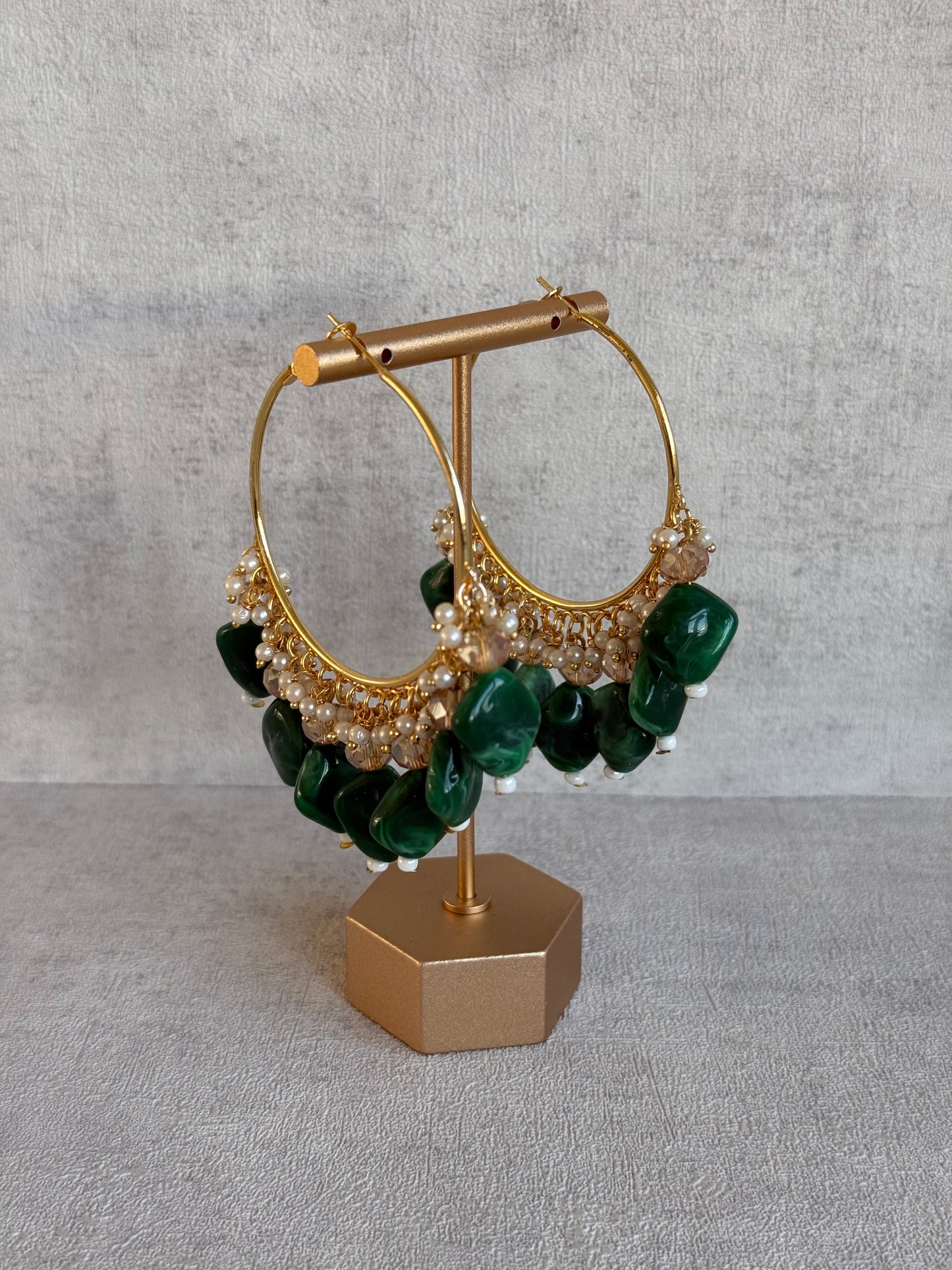Ayura Designs Heer Balis – Gold Hoops with Forest Green Marble Beads, Pearls & Crystal Detailing