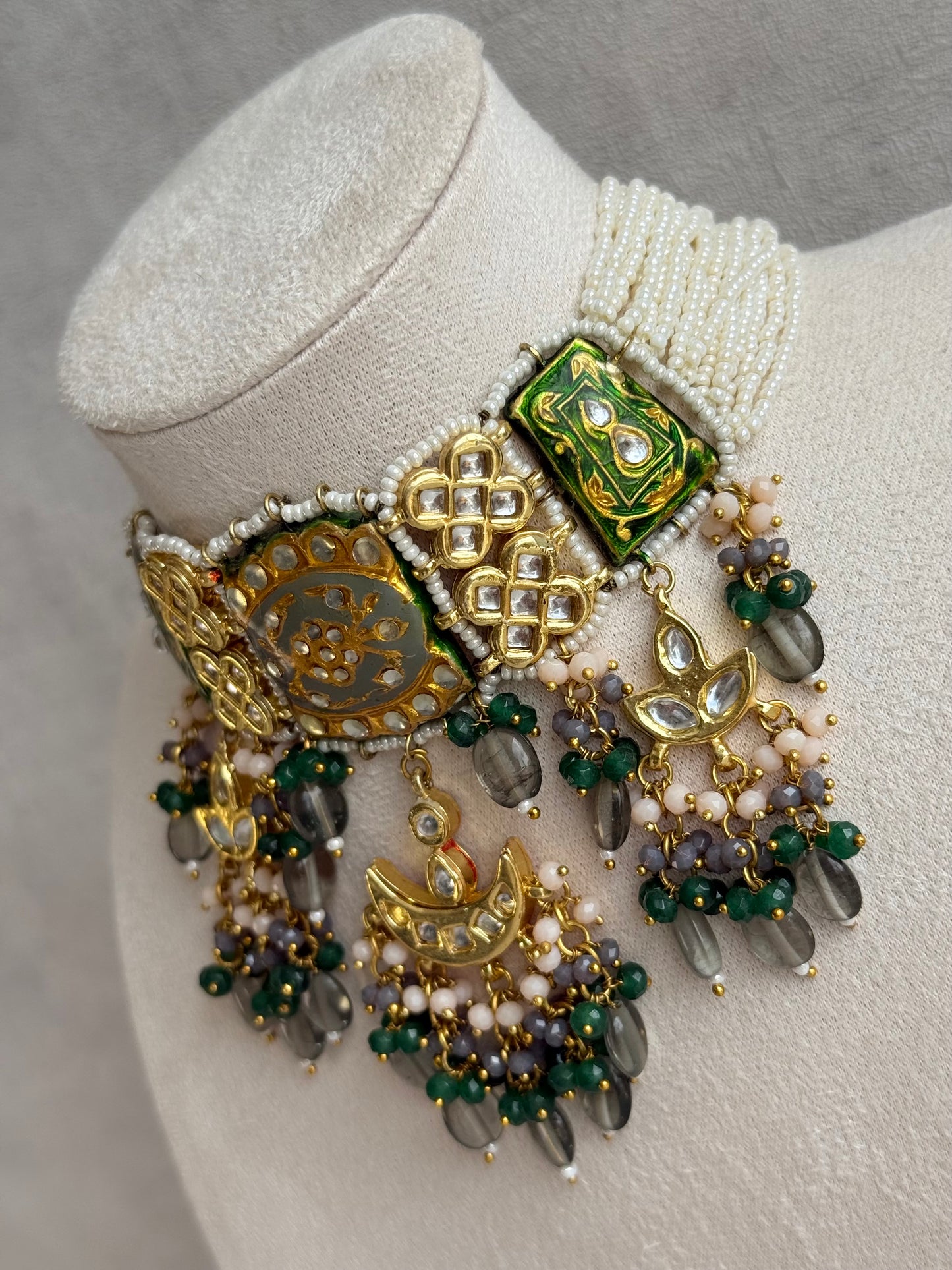 Ayura Designs Rehma Meenakari Kundan Choker Set with Earrings – Emerald Green & Pearl Bead Detailing