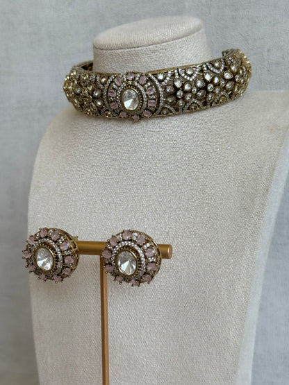 Ayura Designs Genevieve Choker Set with Studs – Blush Pink Crystal Kundan in Antique Gold