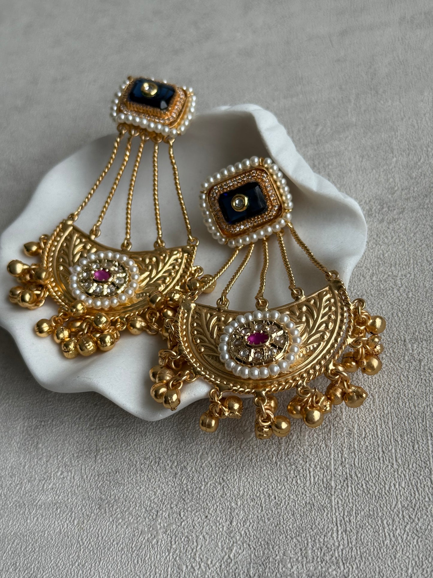 Ayura Designs Jheel Earrings – Navy Half-Moon Drops with Pearl Edging & Golden Ghungroos