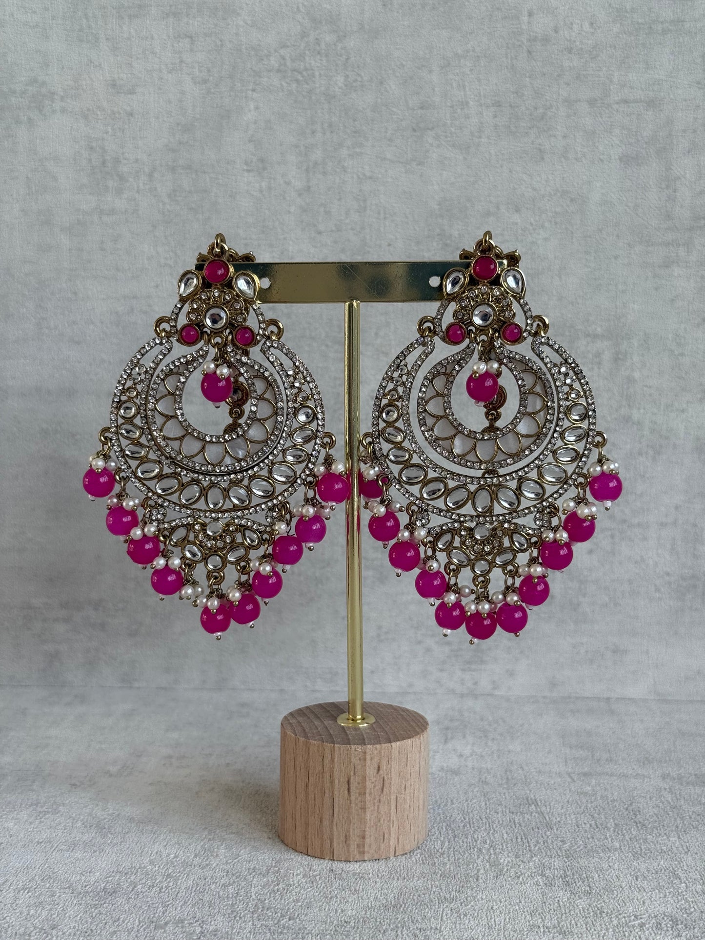 Ayura Designs Rabia Chandbalis – Antique Gold Kundan Earrings with Fuchsia Beads, Pearls & Attached Sahare
