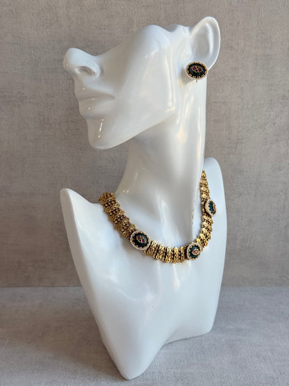 Ayura Designs Lajita Necklace Set with Stud Earrings – Emerald Green & Rani Pink with Pearl & Statement Floral Link Design