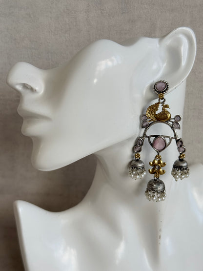 Ayura Designs Mehrza Earrings – Oxidised Peacock Motif Statement Earrings with Pearl Jhumkis & Blush Pink Stones