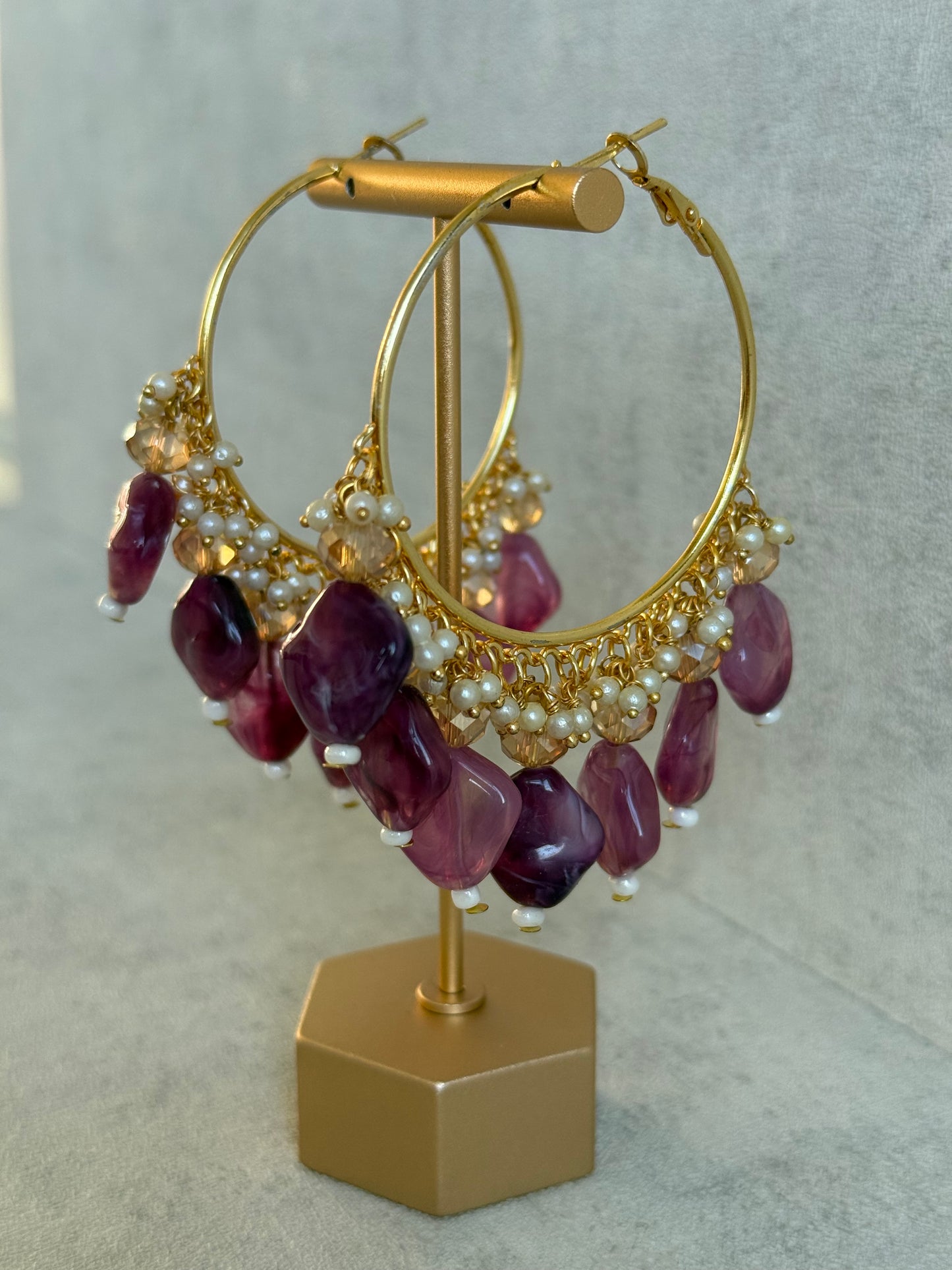 Ayura Designs Heer Balis – Gold Hoops with Amethyst Plum Marble Beads, Pearls & Crystal Detailing