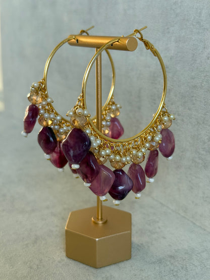 Ayura Designs Heer Balis – Gold Hoops with Amethyst Plum Marble Beads, Pearls & Crystal Detailing