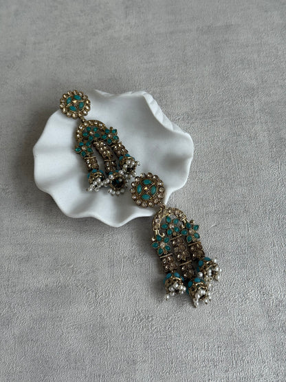 Ayura Designs Soraya Earrings – Turquoise Stones, Champagne Crystals, Pearl Detailing & Gold Finish