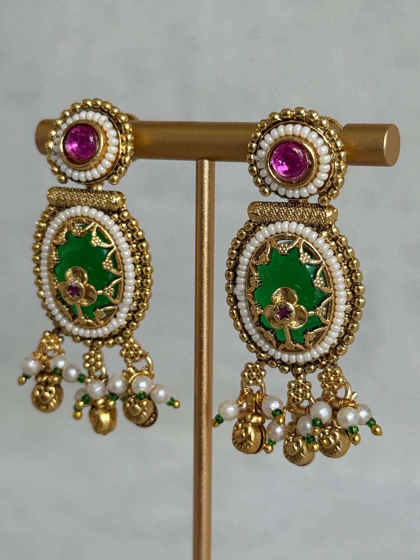 Ayura Designs Enjal Earrings – Emerald Green Enamel, Pearl Beading, Pink Stone & Gold Finish
