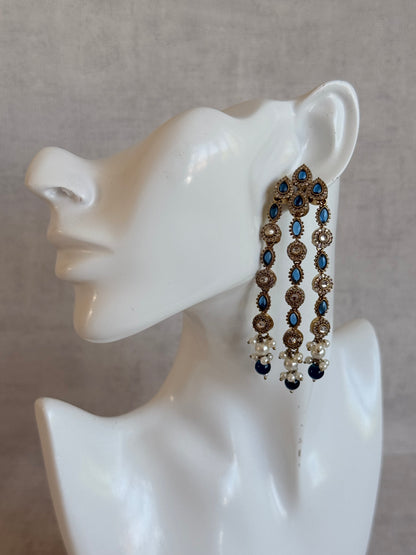 Ayura Designs Emilia Earrings – Gold Triple Strand Statement Earrings with Ink Blue Stones & Pearl Drops