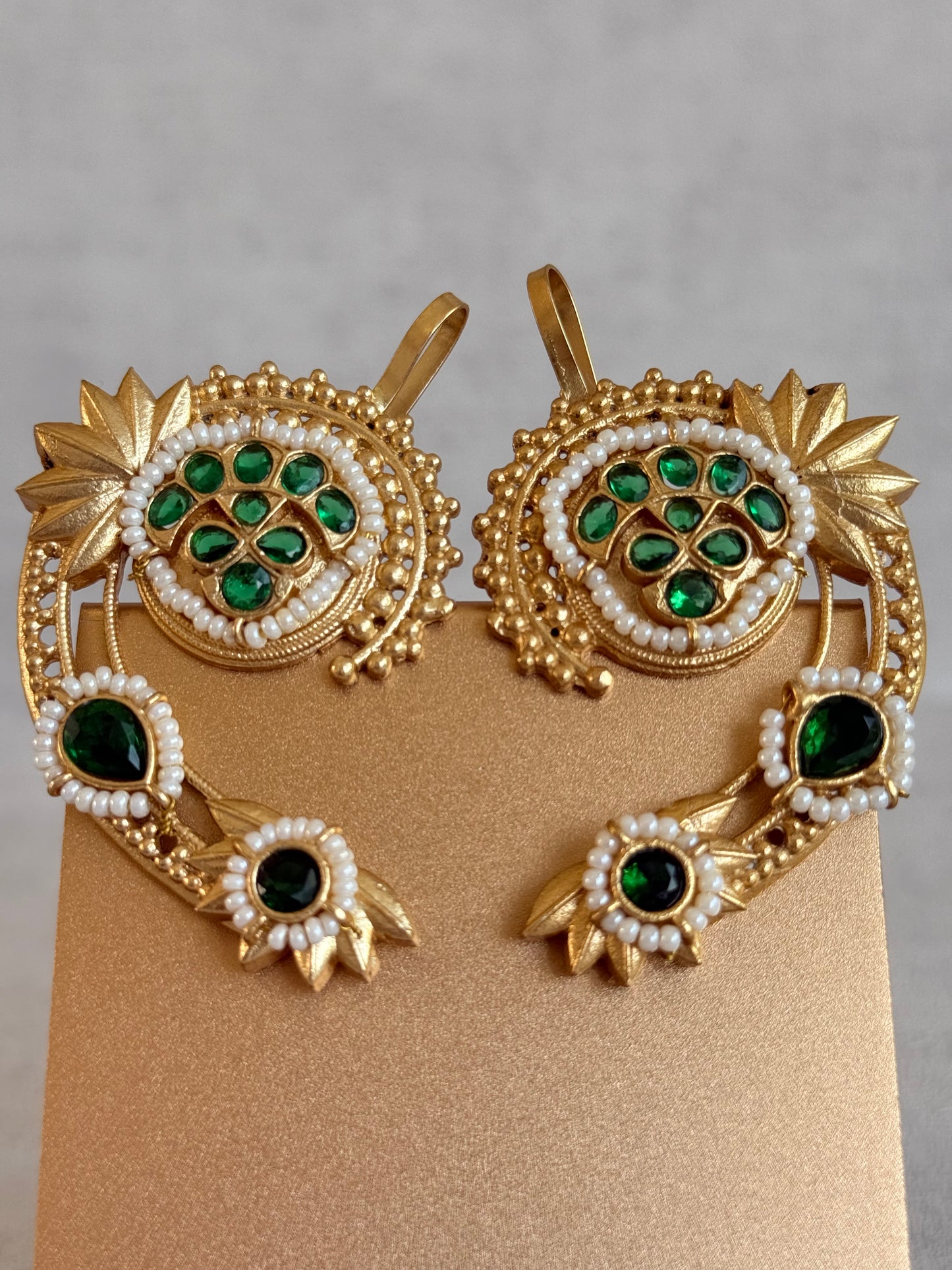 Ayura Designs Raatani Ear Climbers – Emerald Green Ear Climbers with Pearl Detailing & Floral Cutwork Design