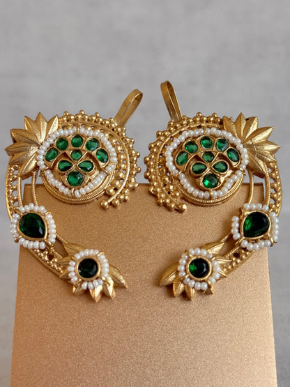 Ayura Designs Raatani Ear Climbers – Emerald Green Ear Climbers with Pearl Detailing & Floral Cutwork Design