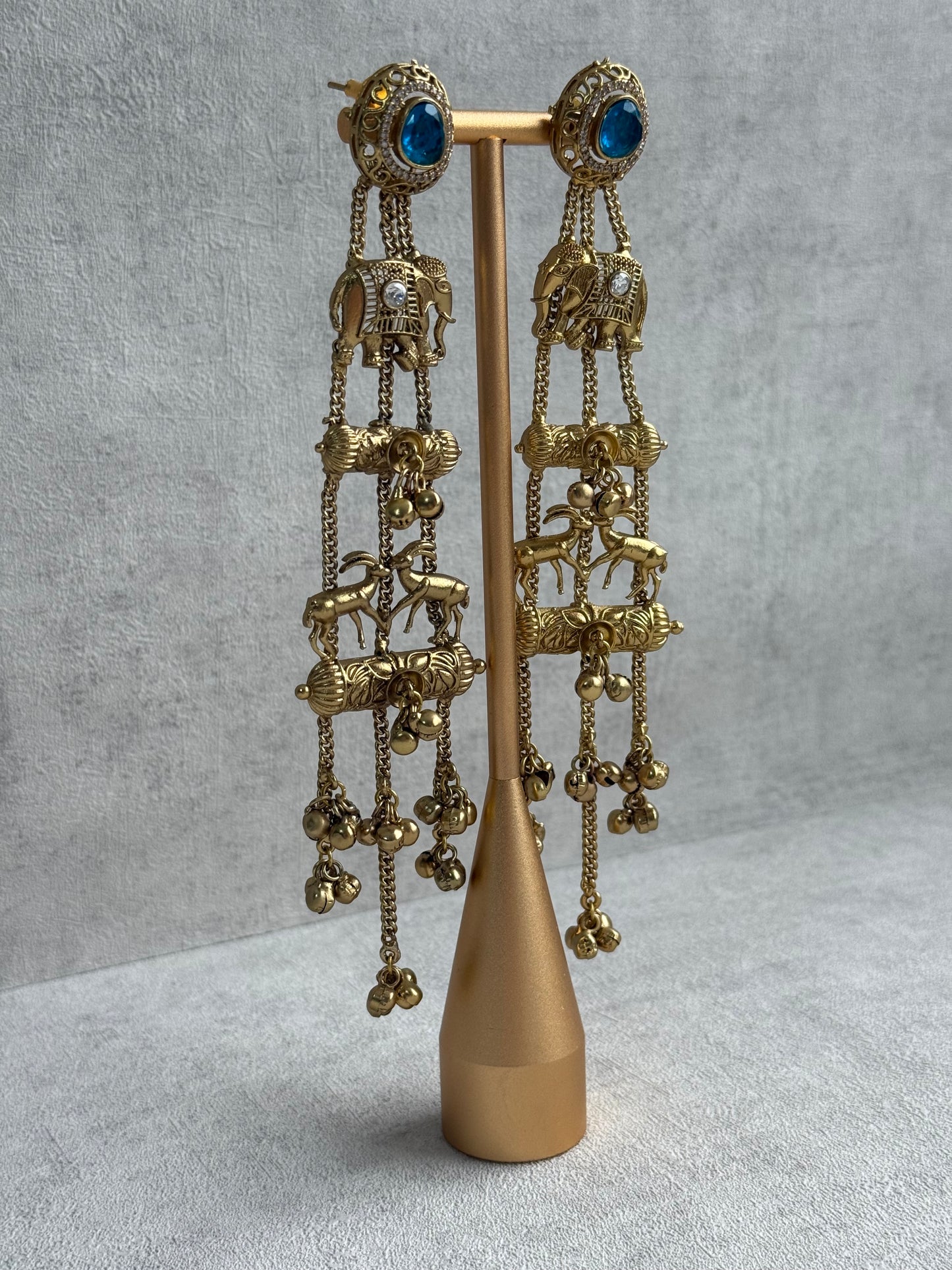 Ayura Designs Sonal Earrings – Antique Gold Dangler Earrings with Elephant & Deer Motifs, Blue Stone Tops & Ghungroo Detailing