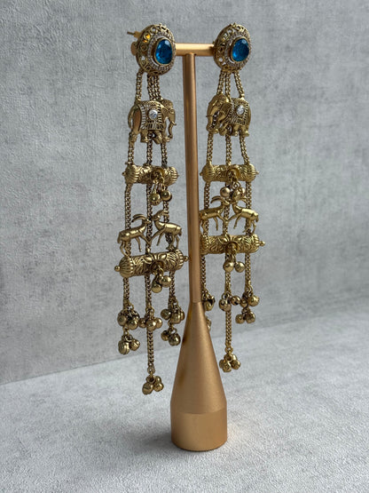 Ayura Designs Sonal Earrings – Antique Gold Dangler Earrings with Elephant & Deer Motifs, Blue Stone Tops & Ghungroo Detailing