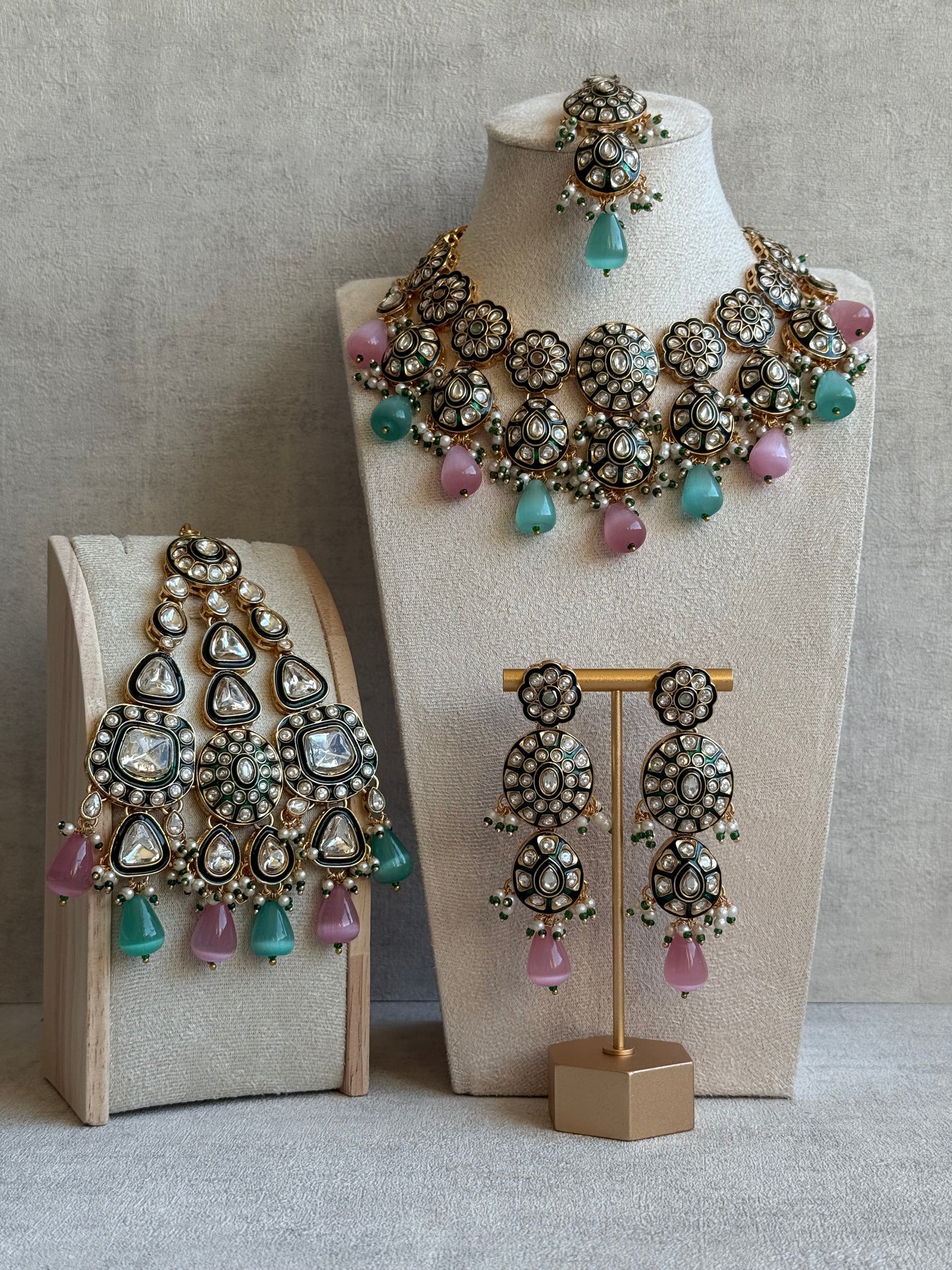 Ayura Designs Sumaira Set with Passa – Necklace, Earrings, Tikka & Passa with Kundan, Green Meenakari Detailing & Aqua-Pink Drops