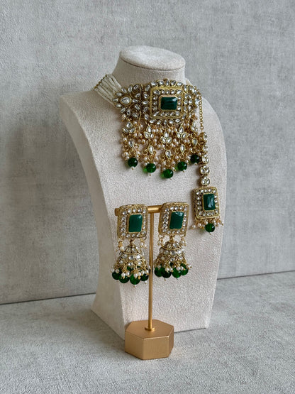 Ayura Designs Maya Set with Jhumkis & Tikka – Emerald Green Stones & Kundan Detailing