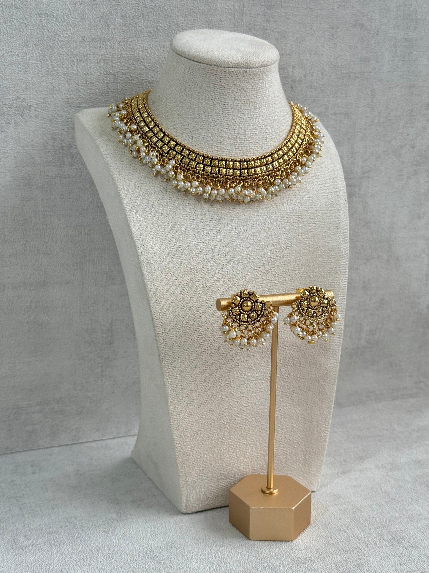 Ayura Designs Ranya Set – Antique Gold Necklace with Stud Earrings & Pearl Detailing