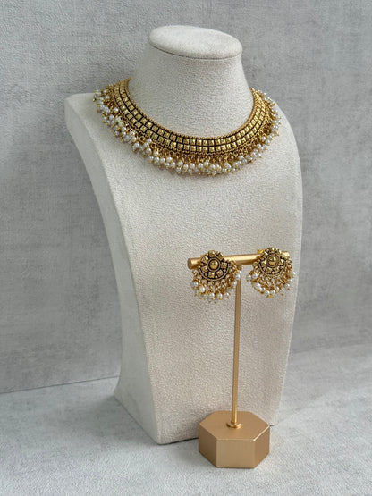 Ayura Designs Ranya Set – Antique Gold Necklace with Stud Earrings & Pearl Detailing