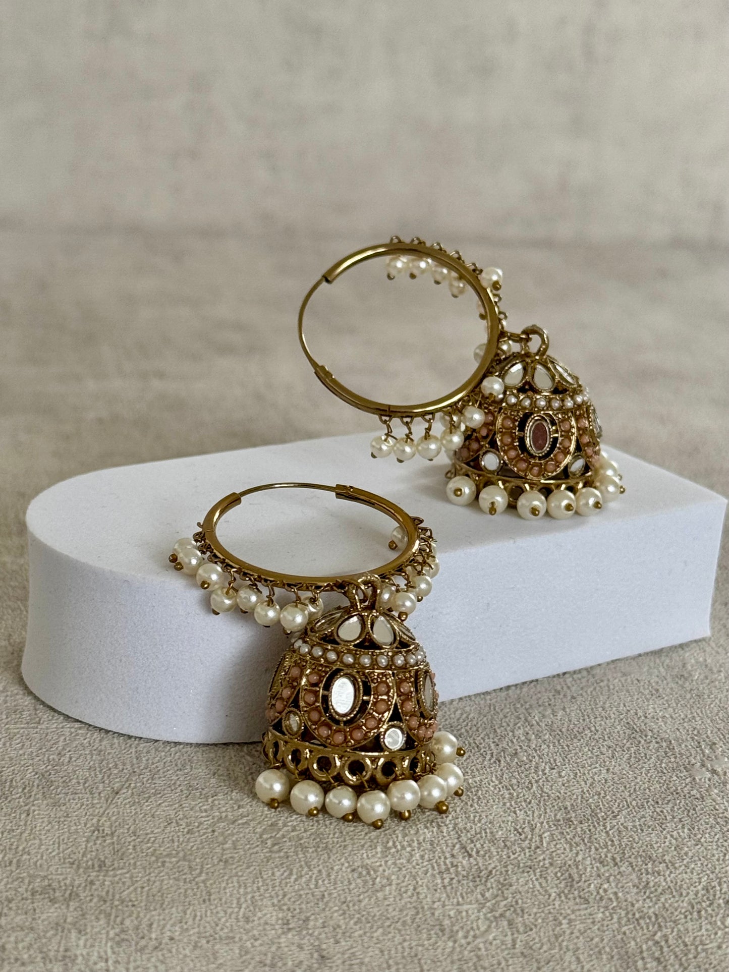 Ayura Designs Jugni Bali Jhumkas – Antique Gold with Mauve & Pearl Accents