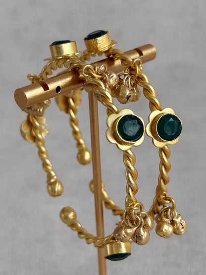 Ayura Designs Mishka Adjustable Kashmiri Chudiya Set of 2 – Emerald Green Stones, Floral Settings & Ghungroo Charms