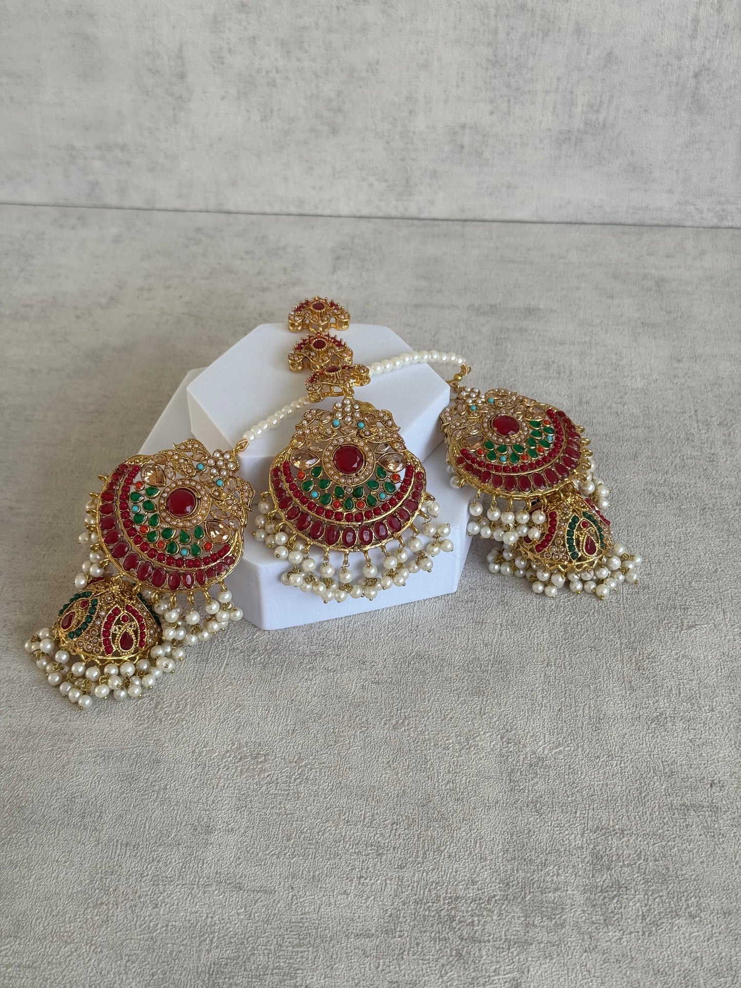 Ayura Designs Zarnigar Tikka Set with Sahare Jhumkis – Multicolour Stones with Pearl Detailing in Antique Gold Finish