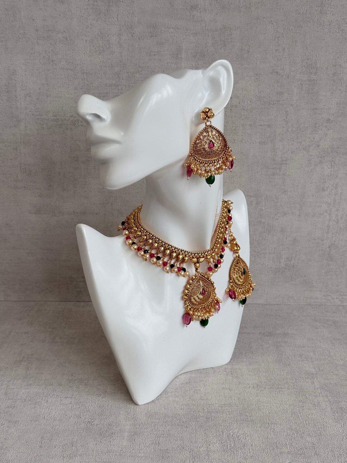 Ayura Designs Hamida Set with Necklace, Earrings & Tikka – Antique Gold with Ruby Pink and Emerald Green Beads & Pearl Detailing