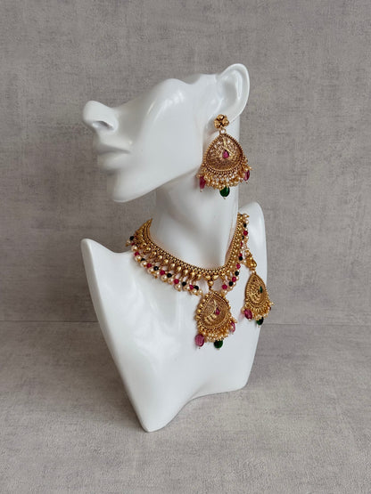 Ayura Designs Hamida Set with Necklace, Earrings & Tikka – Antique Gold with Ruby Pink and Emerald Green Beads & Pearl Detailing