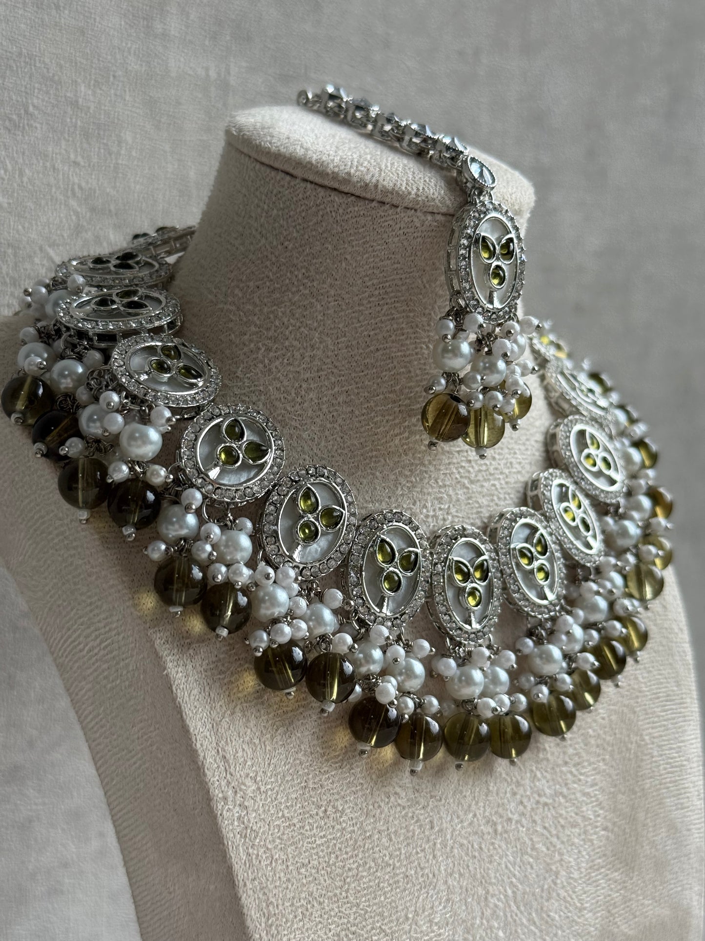 Ayura Designs Linza Set – Necklace, Earrings & Tikka in Aqua Blue & Pearl with Silver Finish