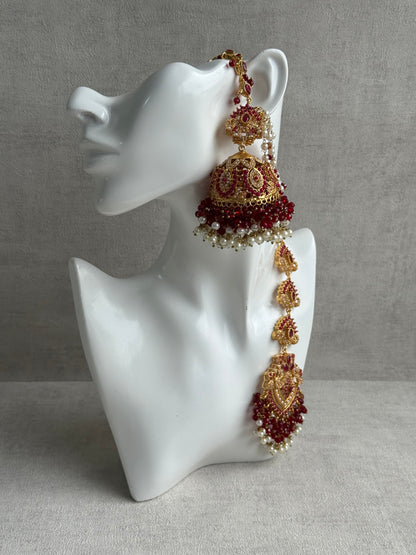 Ayura Designs Safia Tikka Set with Sahare Earrings – Ruby Red Beads & Pearls