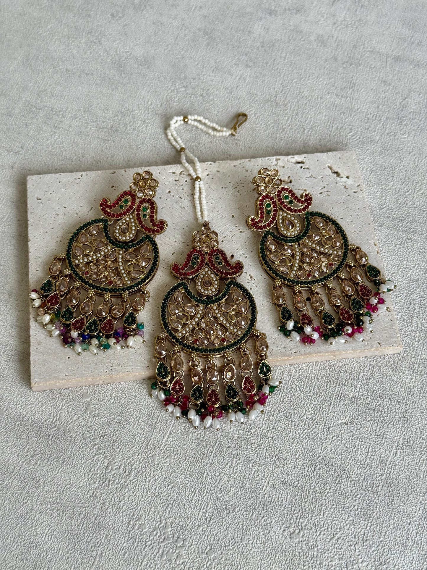 Ayura Designs Anvi Tikka Set with Earrings – Ruby Red & Emerald Green with Champagne Stones
