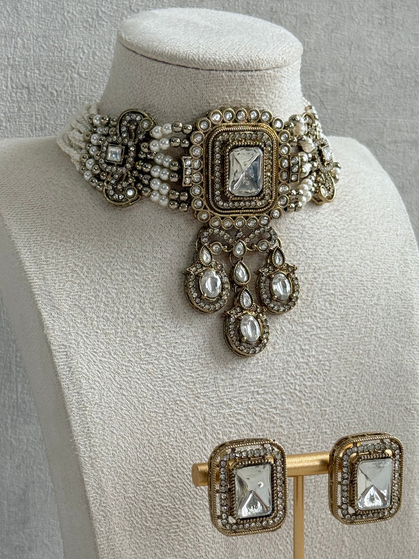 Ayura Designs Nabiha Choker Set with Studs – Ivory Pearl, Crystal Detailing & Gold Finish