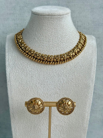 Ayura Designs Sathya Necklace Set with Stud Earrings – Antique Gold Temple Style with Textured Beadwork