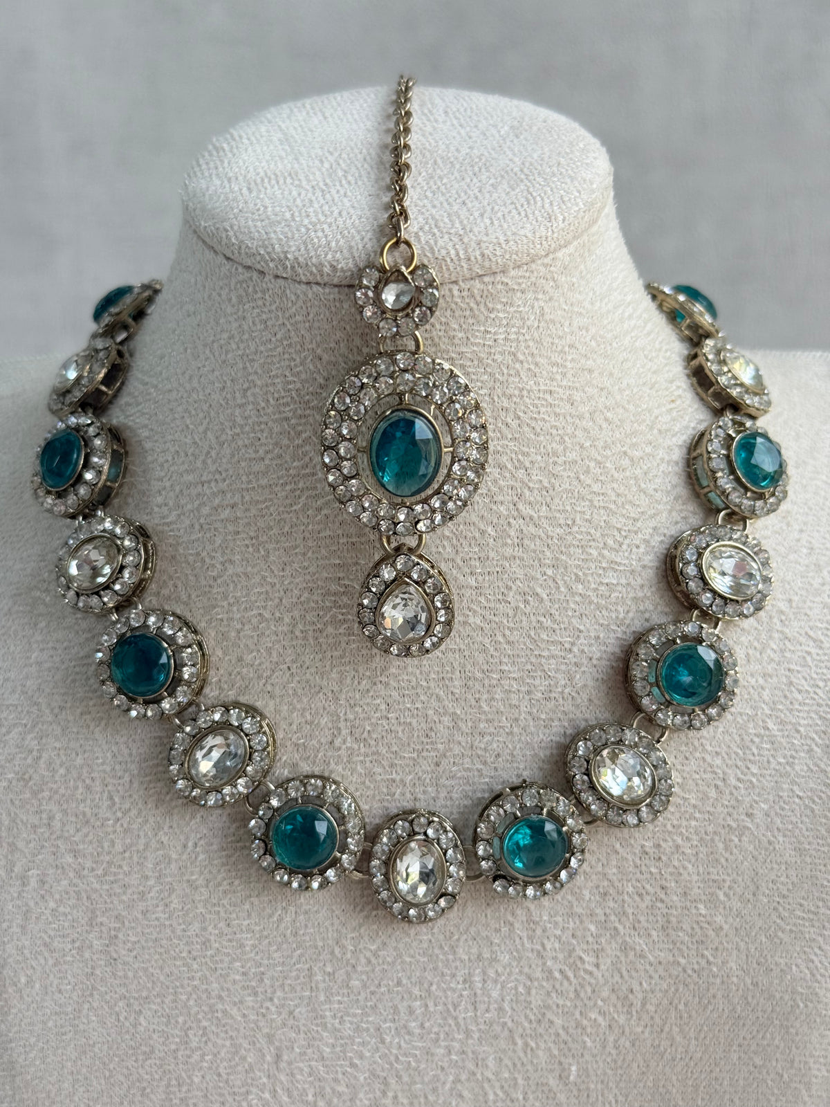 Ayura Designs Eira Necklace Set with Earrings & Tikka – Teal & Crystal Stones with Antique Gold Finish