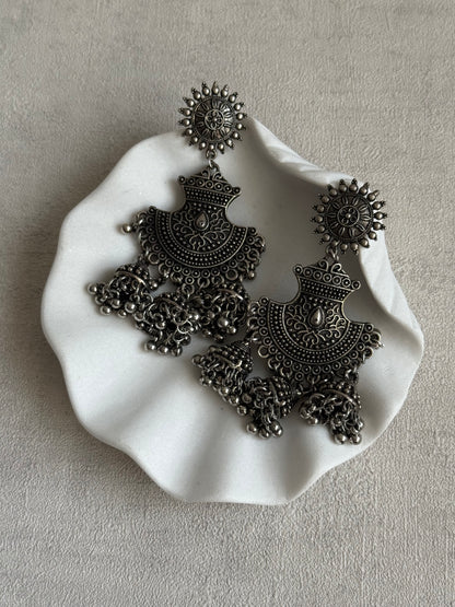 Ayura Designs Mahfar Earrings – Oxidised Silver Jhumkas with Sunburst Tops & Triple Dome Drops