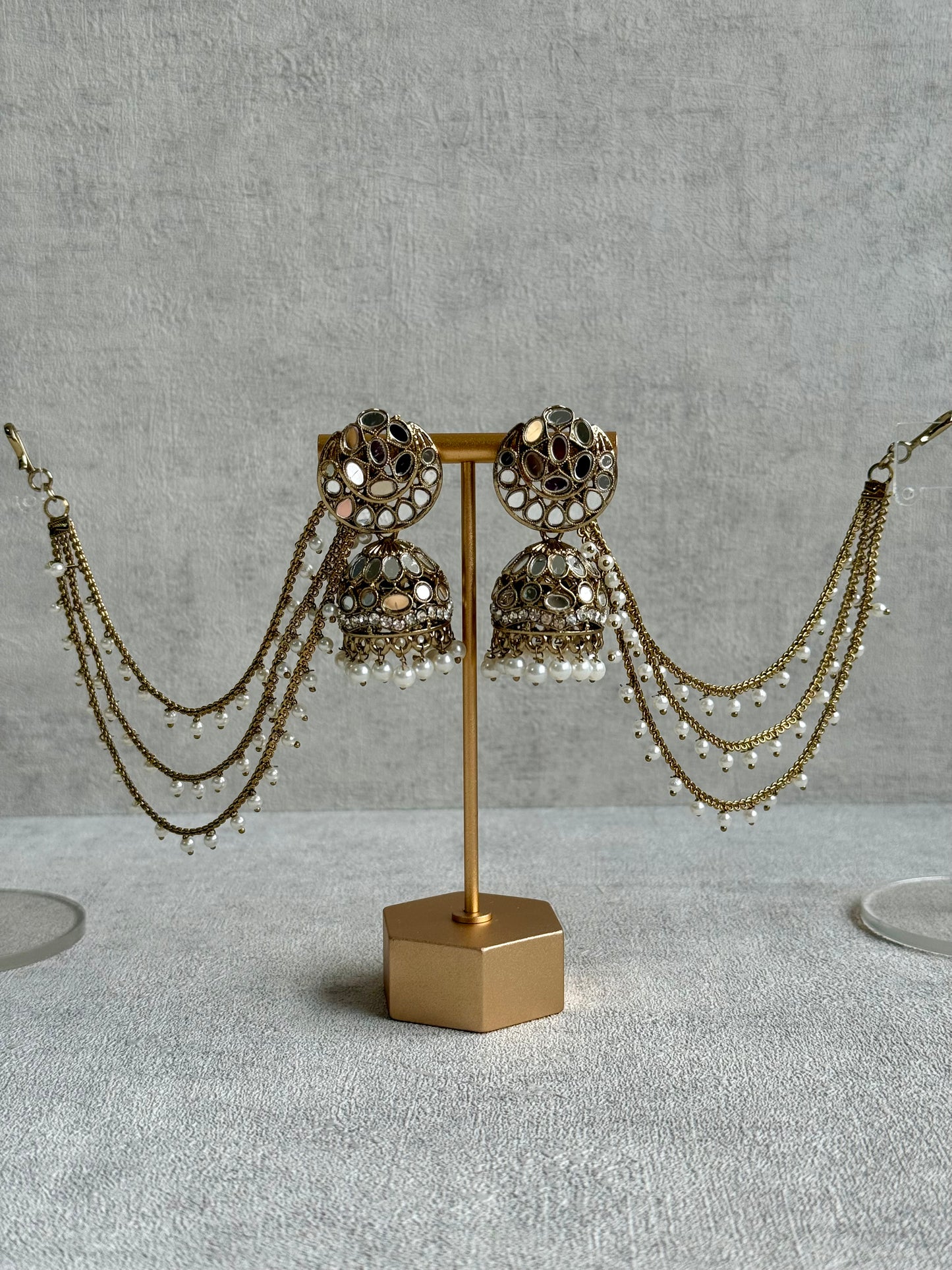 Ayura Designs Aaina Jhumkis – Antique Gold Mirror-Cut Dome Earrings with Detachable Pearl Sahare