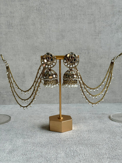 Ayura Designs Aaina Jhumkis – Antique Gold Mirror-Cut Dome Earrings with Detachable Pearl Sahare