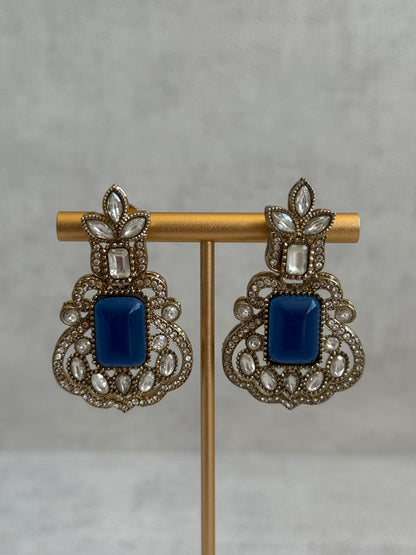 Ayura Designs Olivia Set with Necklace, Earrings & Tikka – Navy Blue Stones, Pear-Cut White Accents & Antique Gold Finish