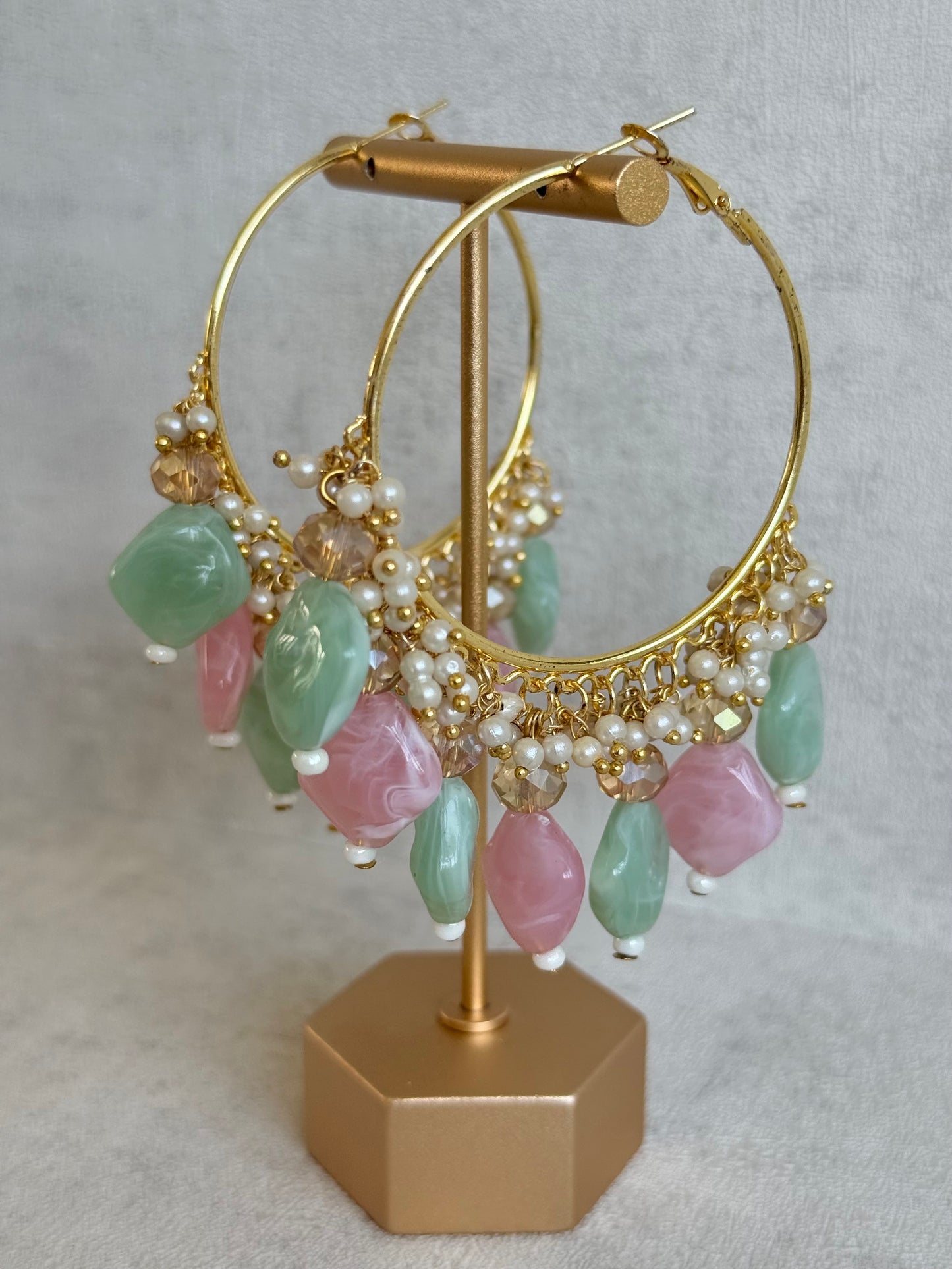 Ayura Designs Heer Balis – Gold Hoops with Mint & Blush Marble Beads, Pearls & Crystal Detailing