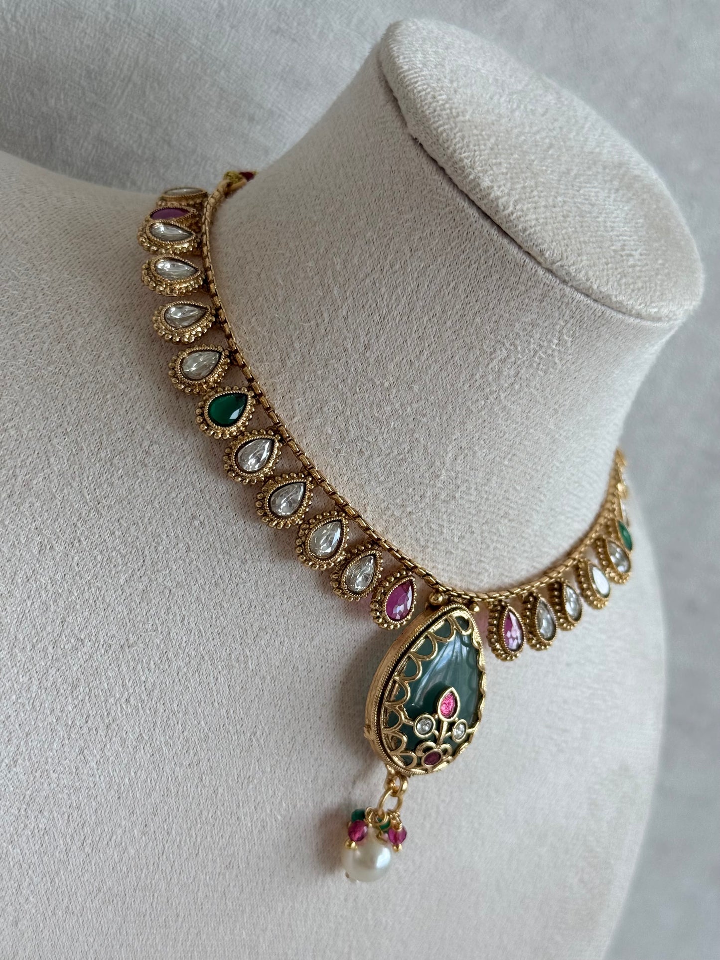 Ayura Designs Lamees Necklace Set with Earrings – Green Enamel, Emerald Green & Ruby Pink Stones with Pearl Drops