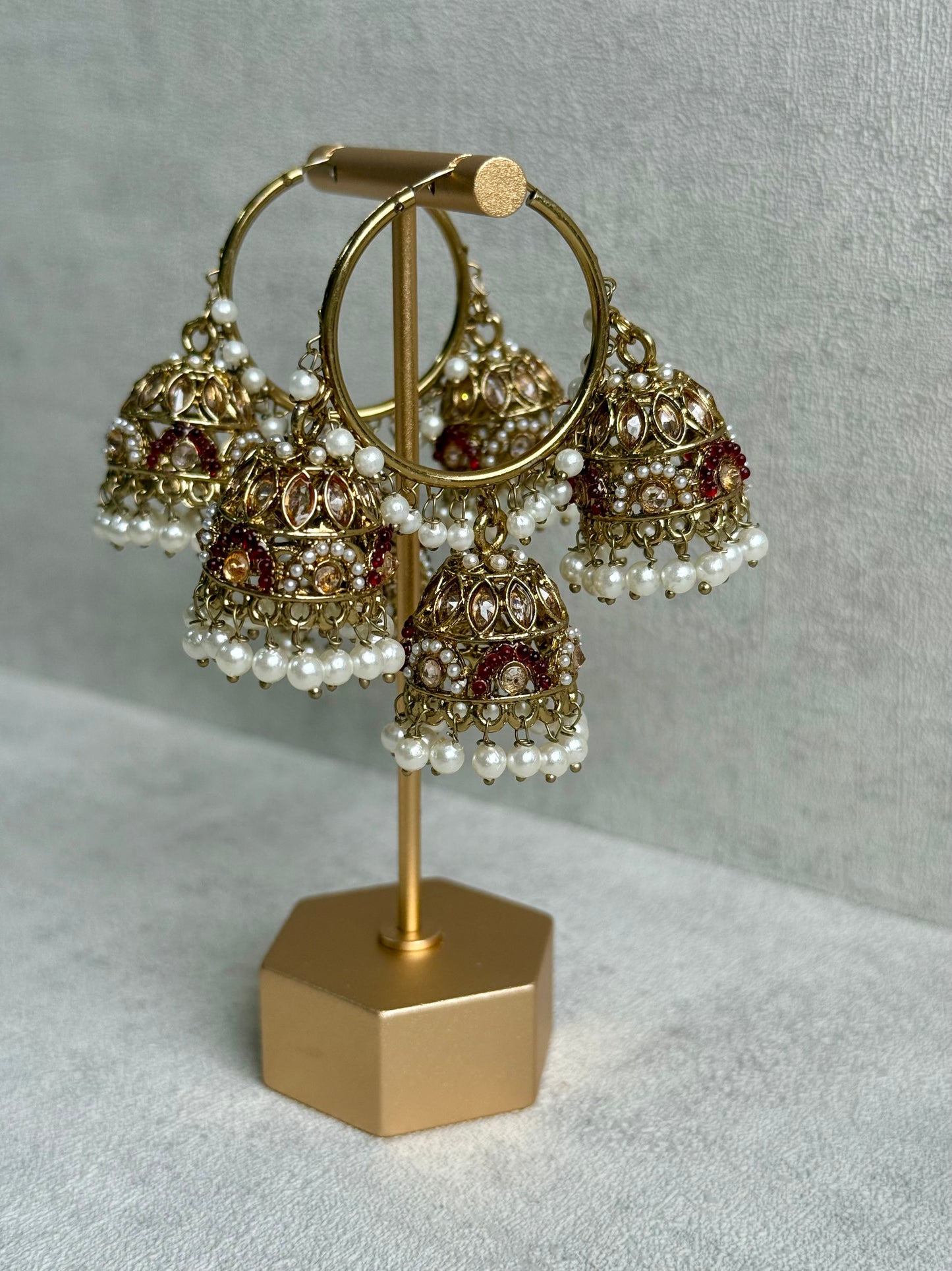 Ayura Designs Nakhra Balis – Ruby Red Triple Dome Earrings with Pearl Clusters & Mirror-Cut Detailing