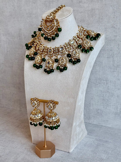 Ayura Designs Iyla Set with Necklace, Earrings & Tikka – Kundan Detailing, Ivory Pearl Drops & Emerald Beads