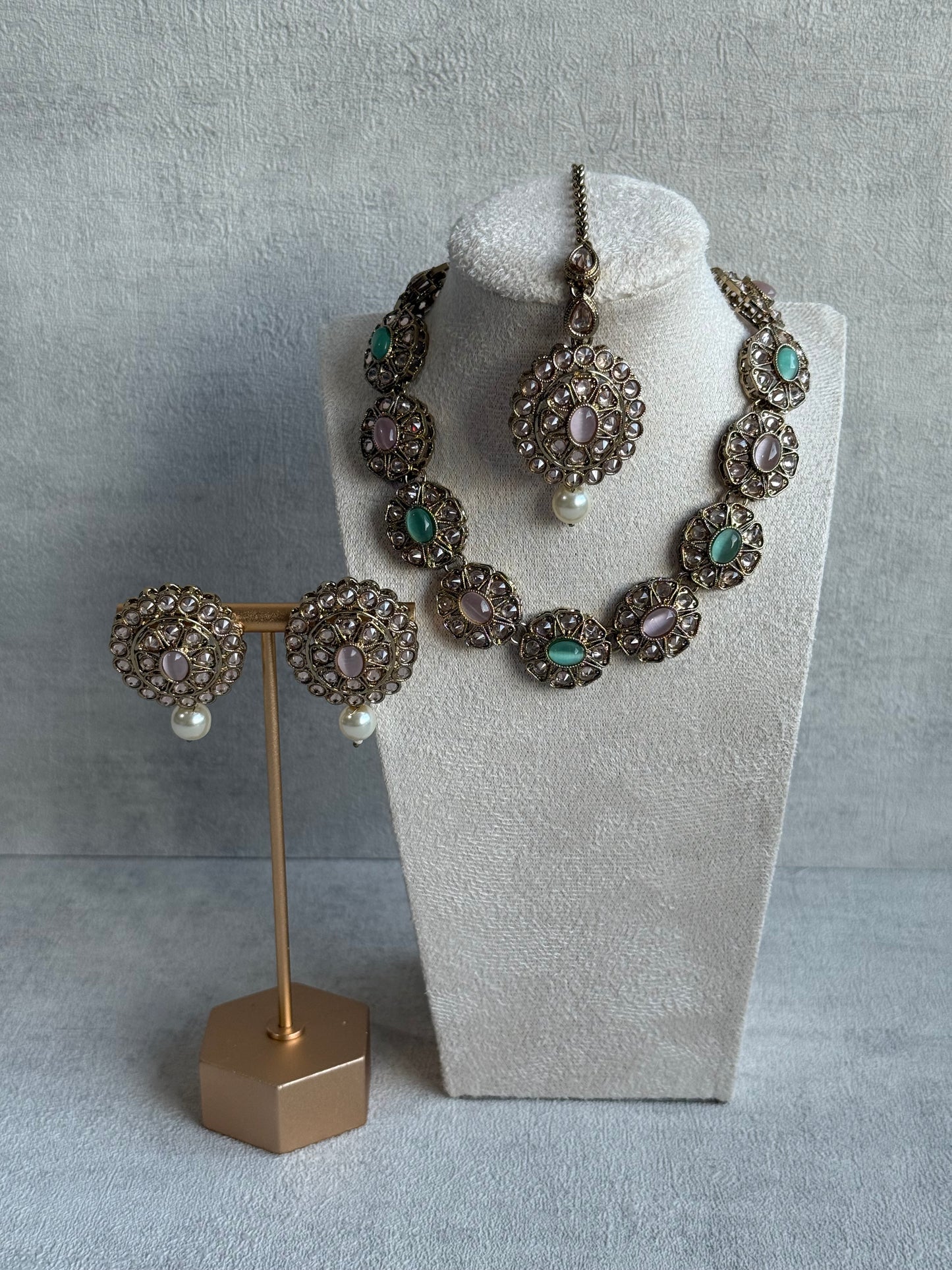 Ayura Designs Sania Set with Necklace, Earrings & Tikka – Mint & Blush Stones, Kundan Detailing & Antique Gold Finish