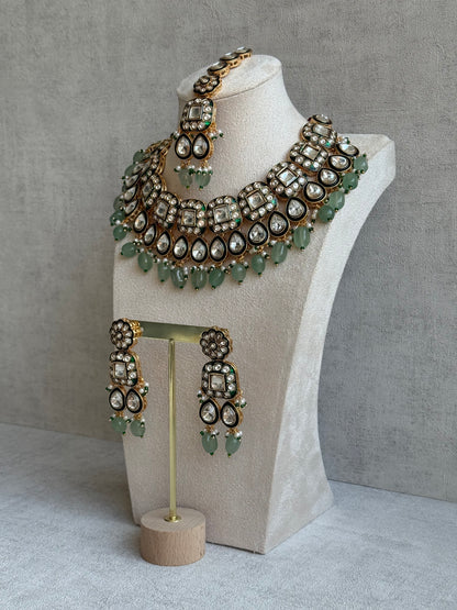 Ayura Designs Salma Set – Necklace, Earrings & Tikka with Mirror-Cut Kundan, Mint Green Beads, Emerald Green Meenakari & Gold Finish