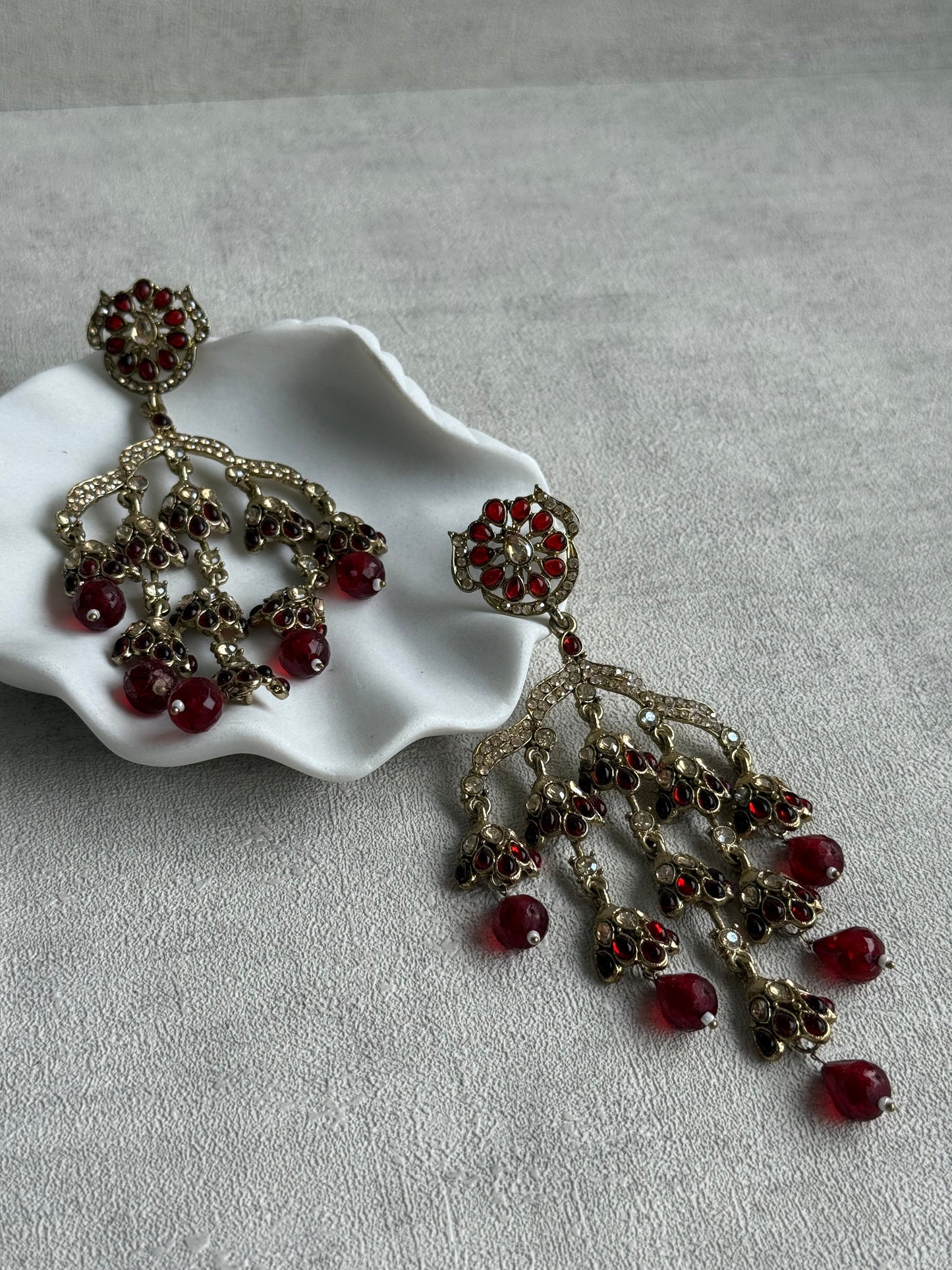 Ayura Designs Jasmine Earrings – Chandelier Earrings with Maroon Beads & Antique Gold Detailing