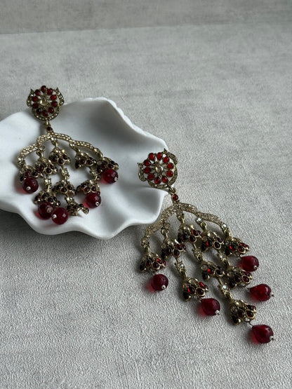 Ayura Designs Jasmine Earrings – Chandelier Earrings with Maroon Beads & Antique Gold Detailing
